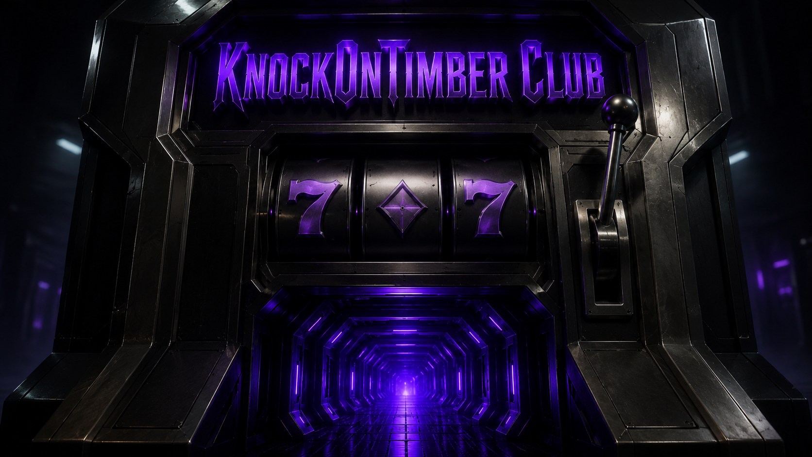 A massive dark alien-tech slot machine portal glowing purple in blackness.