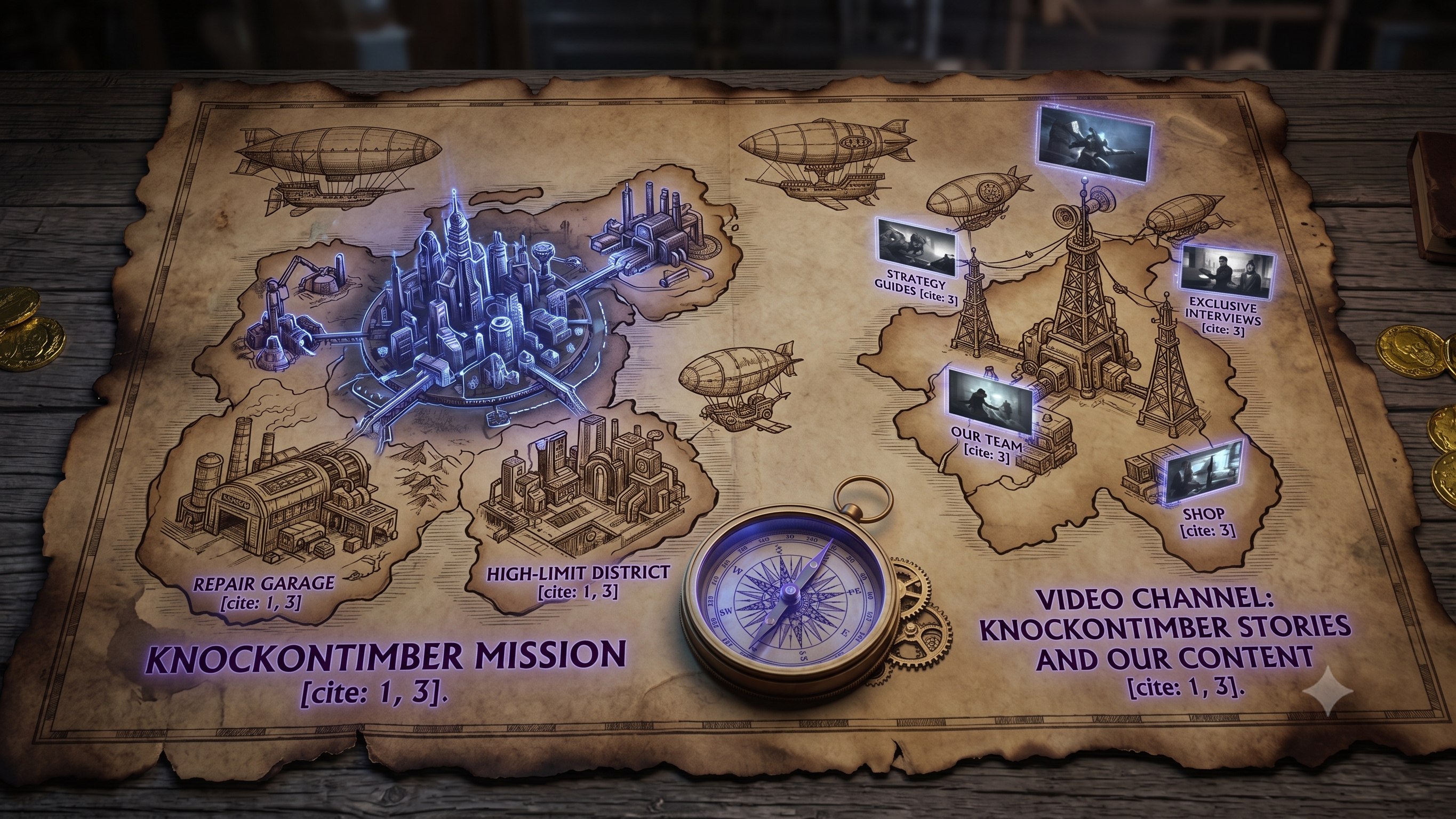 An old KnockOnTimber map with glowing mission and video channel territories.